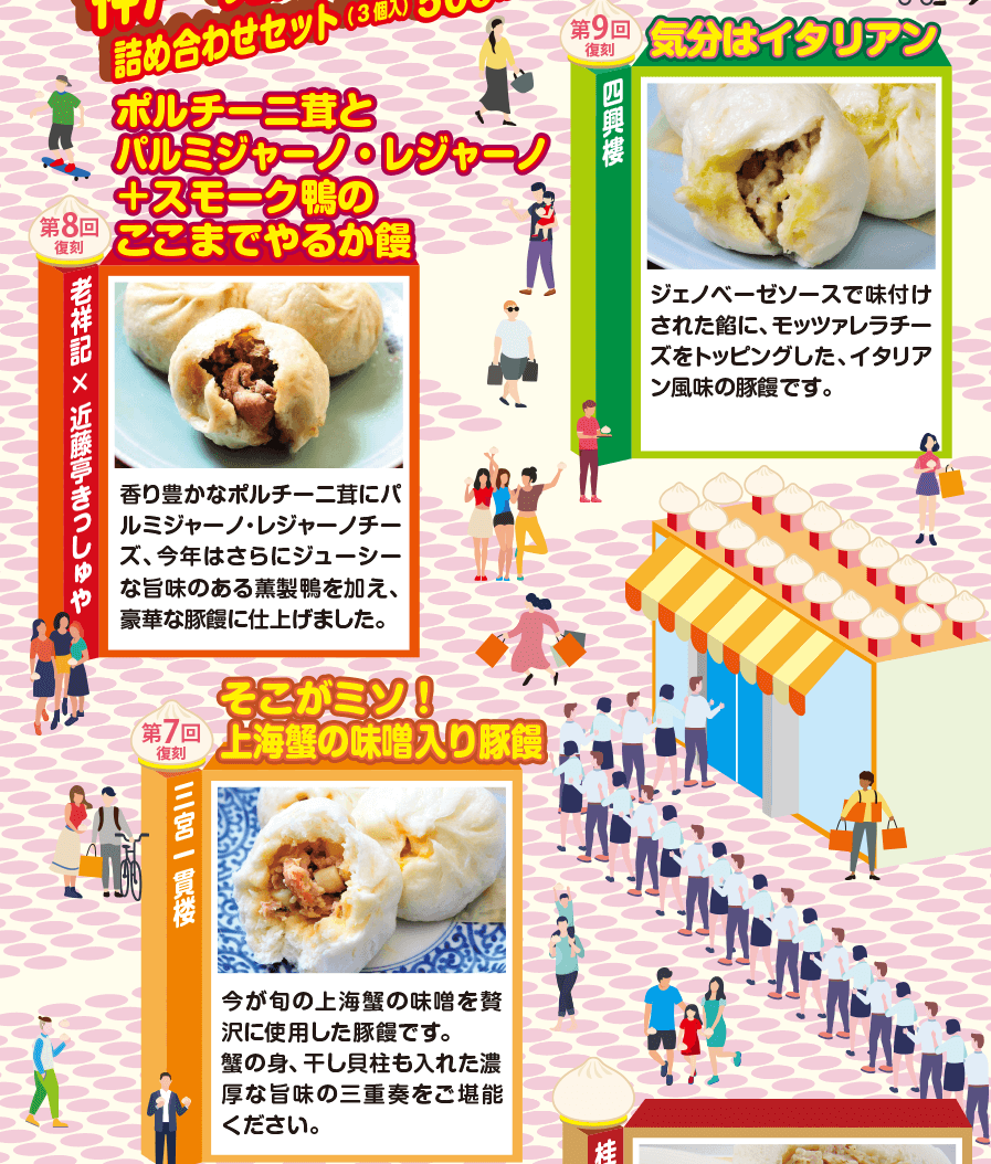 第8回復刻ポルチーニ茸とパルメジャーノ・レッジャーノ+スモーク鴨のここまでやるか饅-老祥記 第9回復刻気分はイタリアン-四興樓 第7回復刻そこがミソ!上海蟹の味噌入りぶ-三宮一貫楼