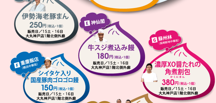 D第一樓　伊勢海老豚まん250円　販売日／15土・16日　大丸神戸店1階北側外廊　E神仙閣　牛すじ煮込み饅180円　販売日／15土・16日大丸神戸店1階北側外廊　F重慶飯店（横浜中華街）　シイタケ入り豚肉ゴロゴロ饅　販売日／15土・16日大丸神戸店1階北側外廊　G蘇州林（長崎新地中華街）濃厚XO醤たれの角煮割包380円　販売日／15土・16日大丸神戸店1階北側外廊