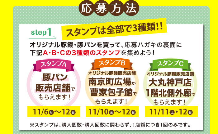 応募方法　step1 スタンプは全部で3種類