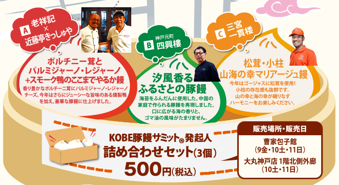 A老祥記x近藤亭きっしゅや　B神戸元町四興樓　C三宮一貫楼　神戸豚饅サミット限定詰め合わせセット（3個入り）500円（税込み）