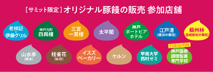 サミット限定オリジナル豚饅販売参加店舗　老祥記X伊藤グリル　四興樓　三宮一貫楼　太平閣　神戸ポートピアホテル　江戸清　蘇州林　山水亭　桂雀花　イスズベーカリー　ケルン　甲南大学西村ゼミ　神戸国際調理製菓専門学校